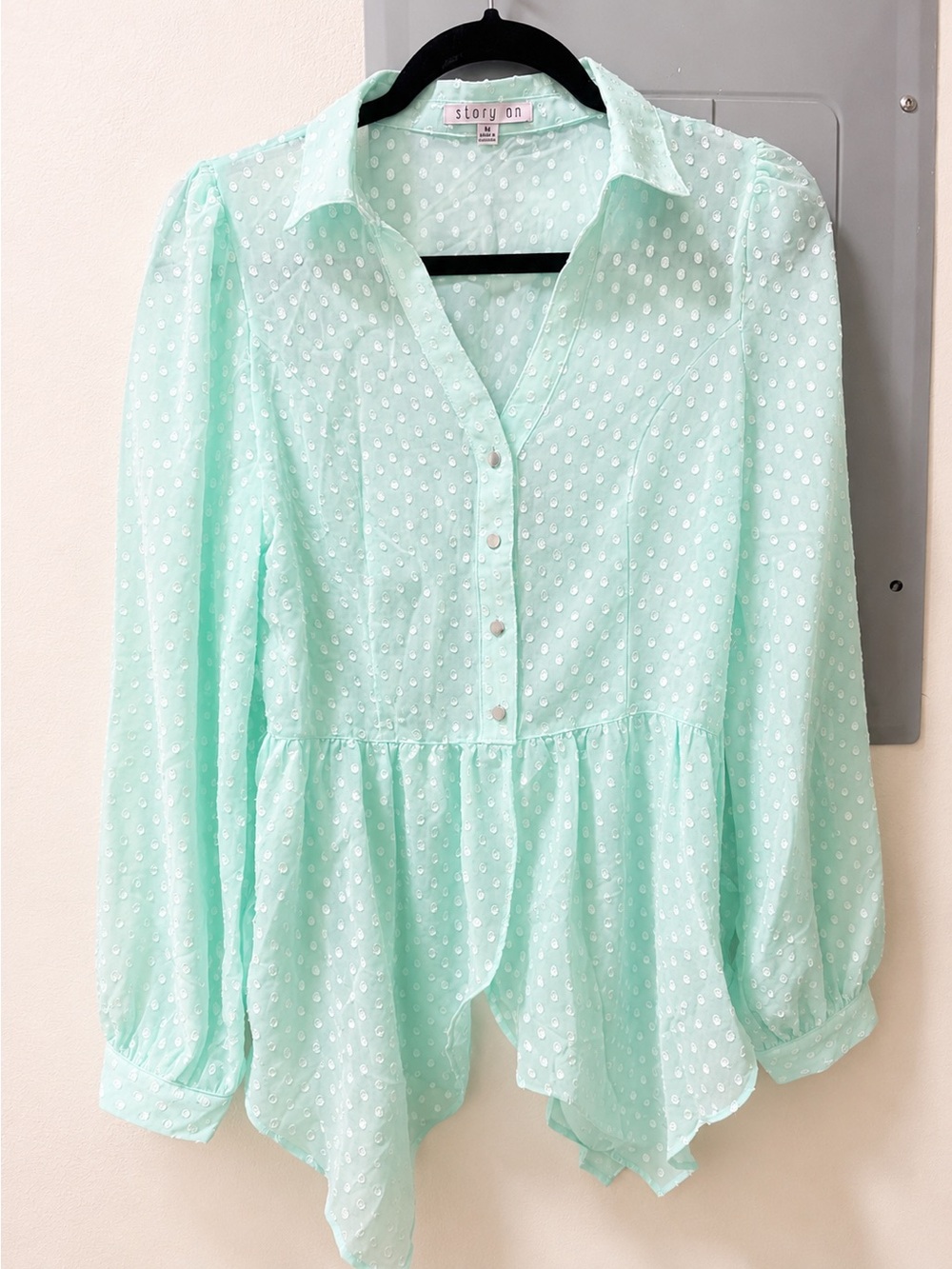 Stony On Mint Swiss Dot Peplum Button-Down Shirt